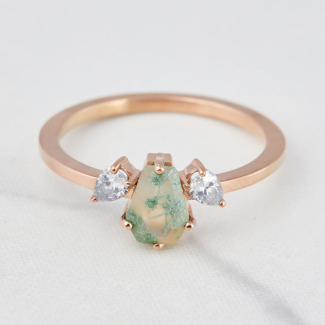 Coffin Cut Moss Agate Engagement Ring