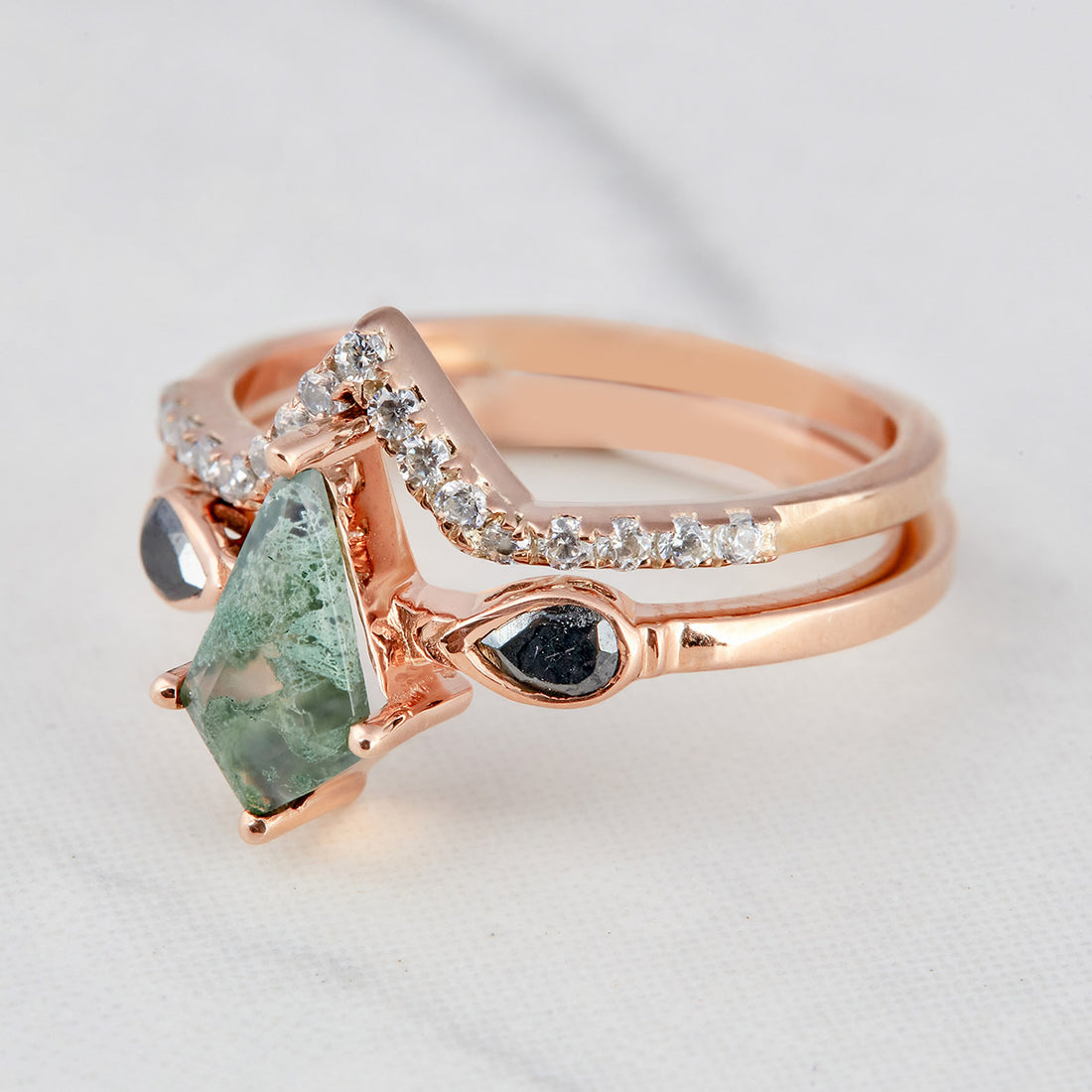 Kite Moss Agate Wedding Ring Set Rose Gold Engagement Rings
