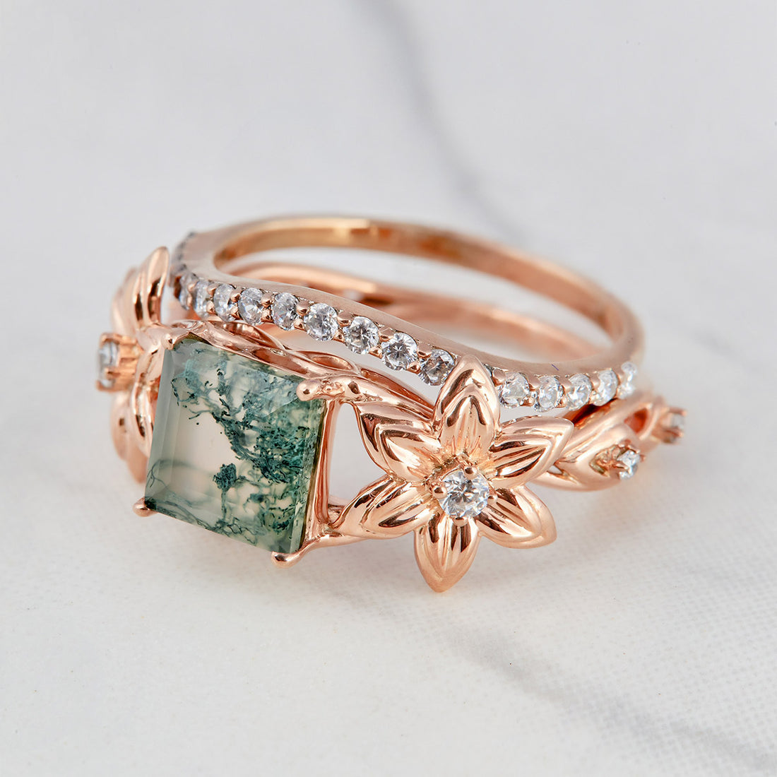 Flower Moss Agate Engagement Rings Nature Inspired Bridal Sets