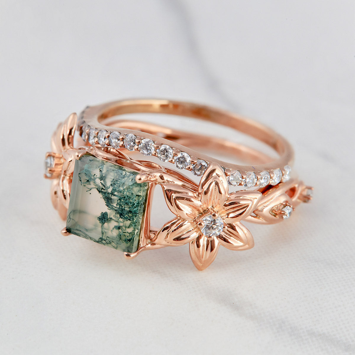 Flower Moss Agate Engagement Rings Nature Inspired Bridal Sets