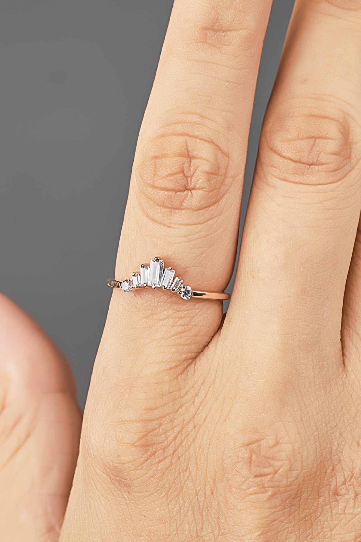 Baguette Moissanite Tiara Ring Curved Wedding Band Enhancer