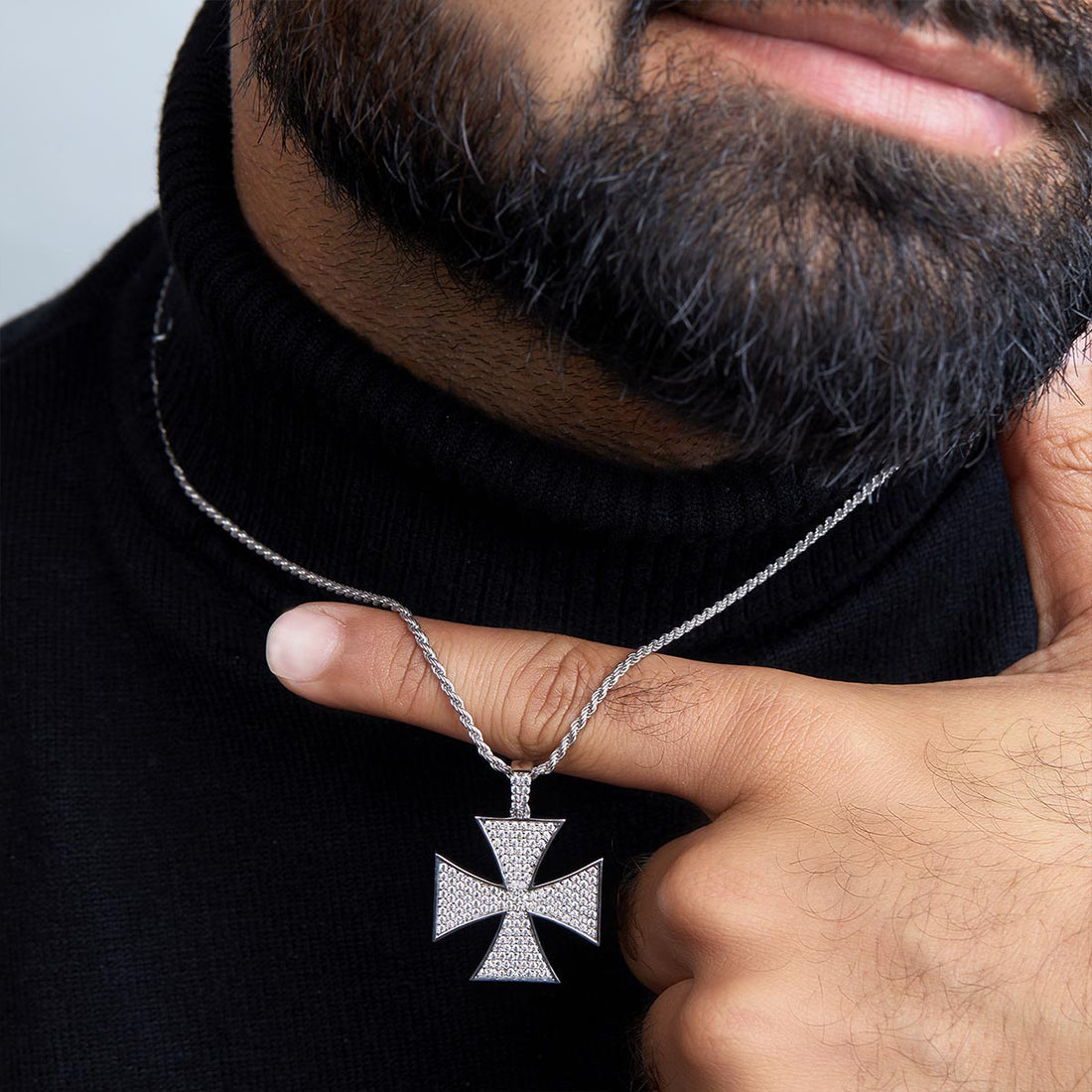 Moissanite Iced Out Iron Cross Pendant Necklace in Sterling Silver Hip Hop Jewelry