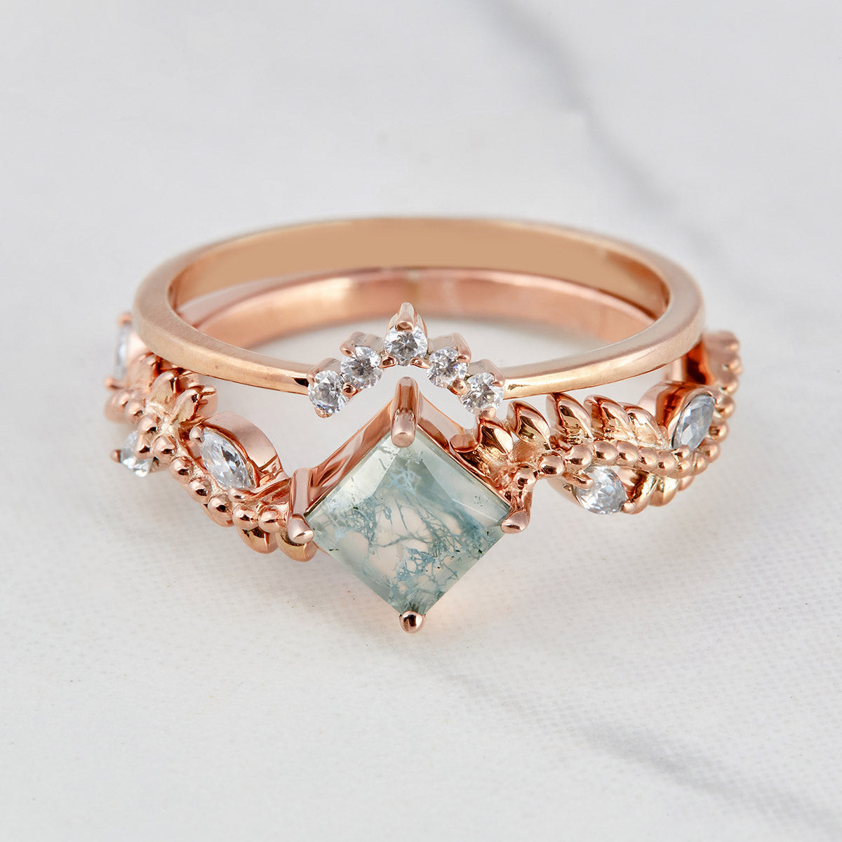 Leaf Vine Moss Agate Engagement Ring Set Floral Princess Cut