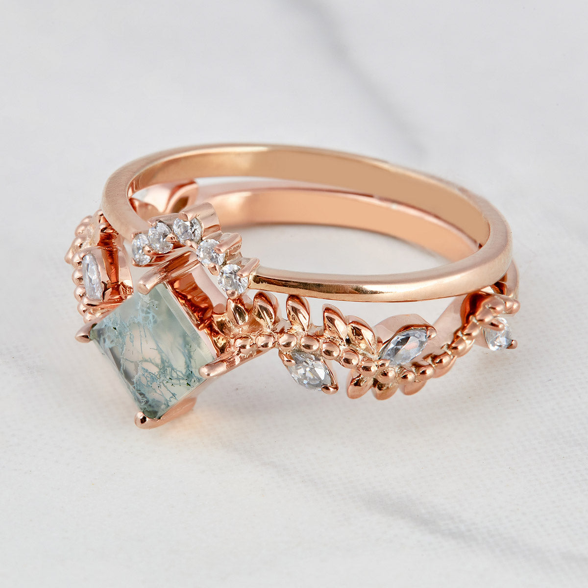 Leaf Vine Moss Agate Engagement Ring Set Floral Princess Cut