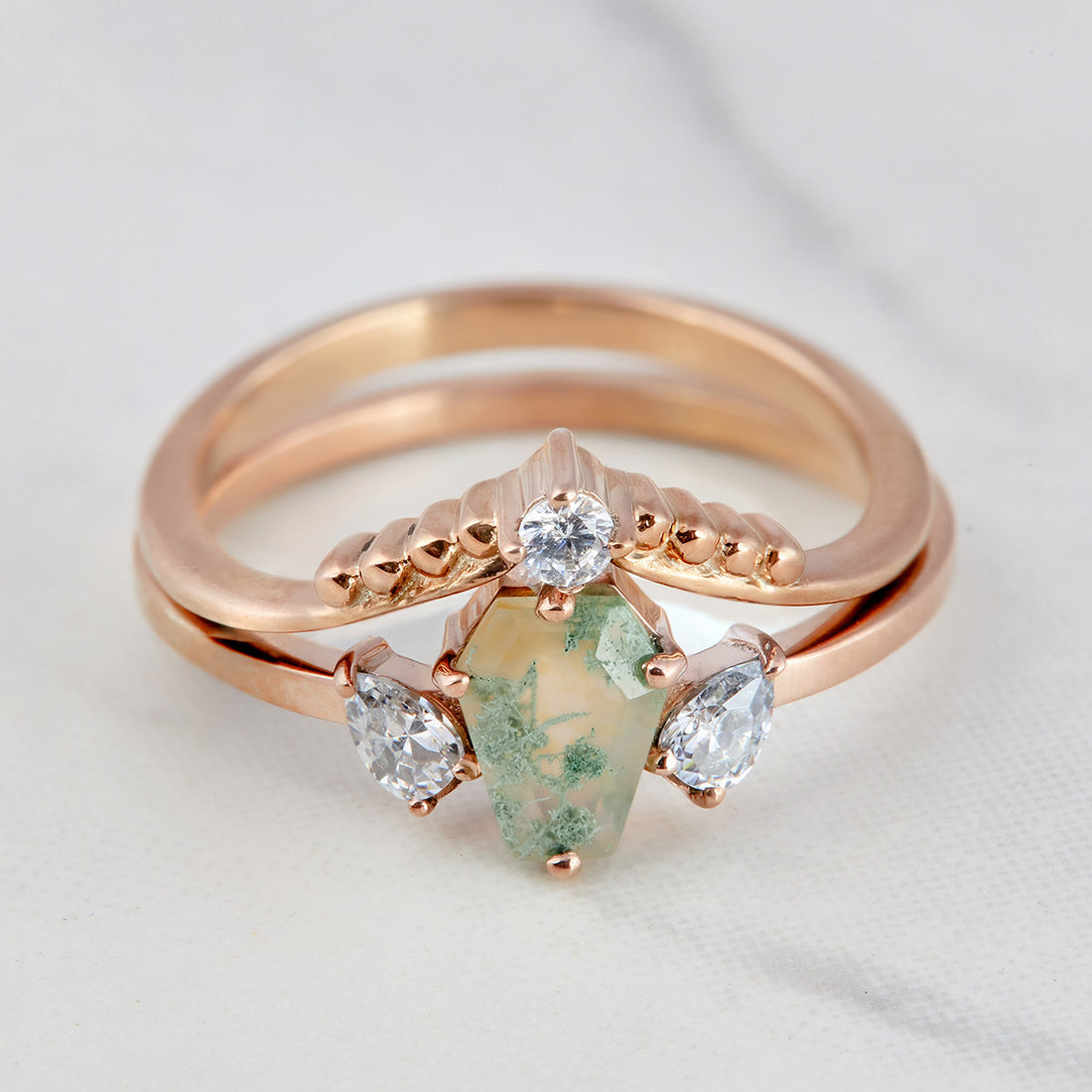 Coffin Moss Agate Engagement Ring Set