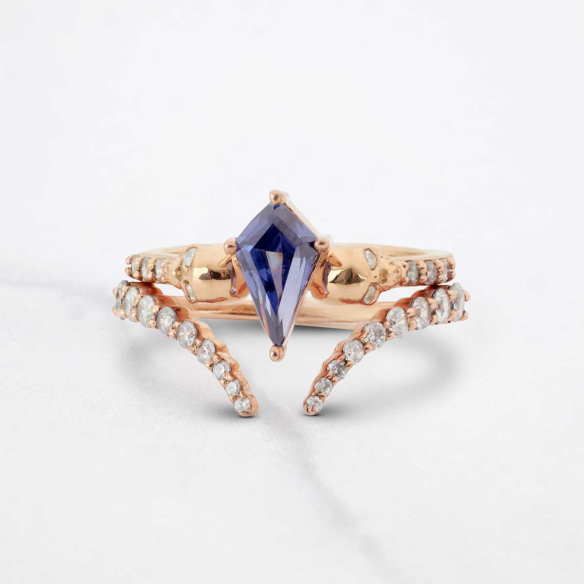 Kite Cut Blue Titanic Skull Ring Set Gothic Bridal Wedding Rings