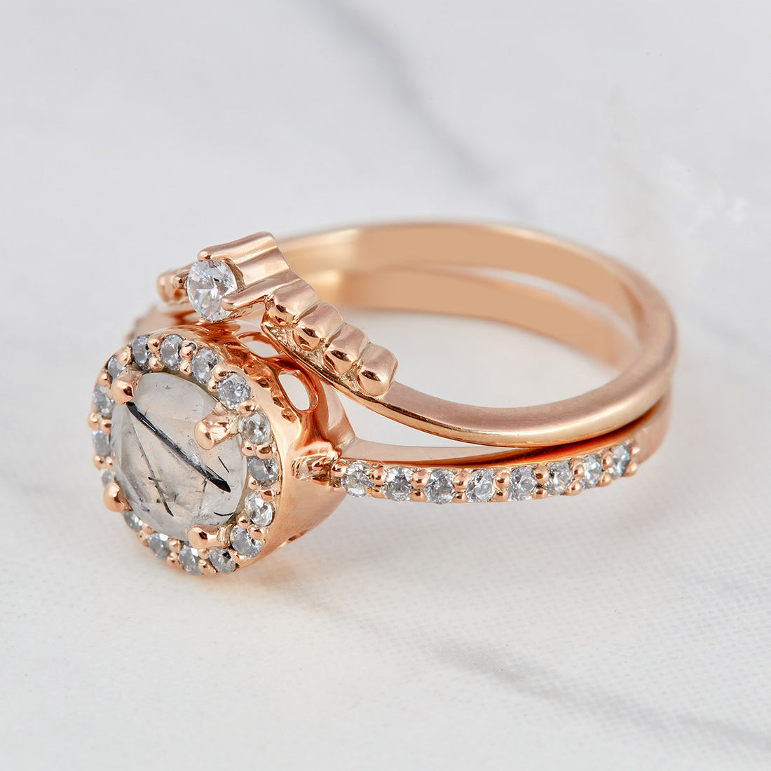 Rutilated Quartz Engagement Ring Set Black Rutile Halo Bridal Set