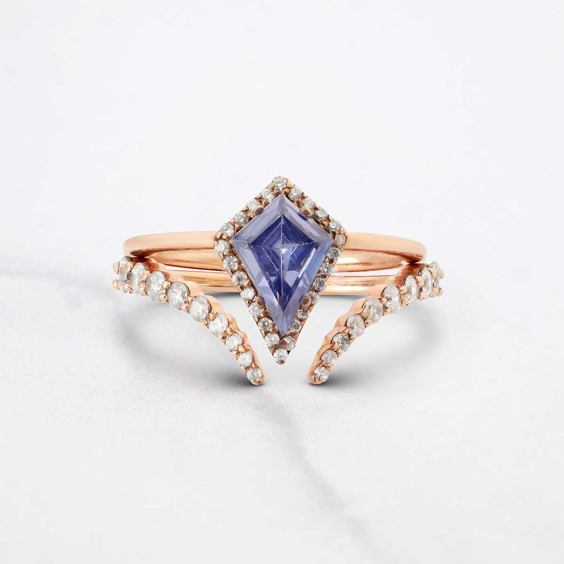 Kite Shaped Halo Engagement Ring Set Blue Titanic Gemstone