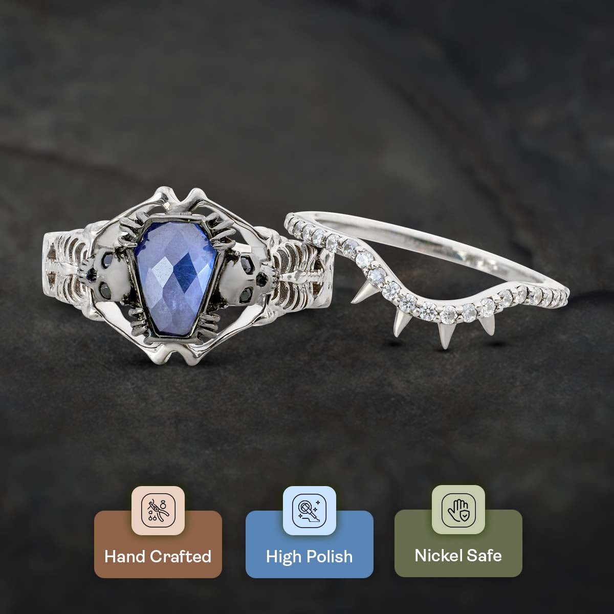 Skeleton with Coffin Bridal Ring Set Gothic Engagement Rings