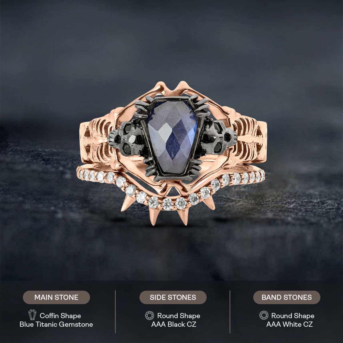 Skeleton with Coffin Bridal Ring Set Gothic Engagement Rings