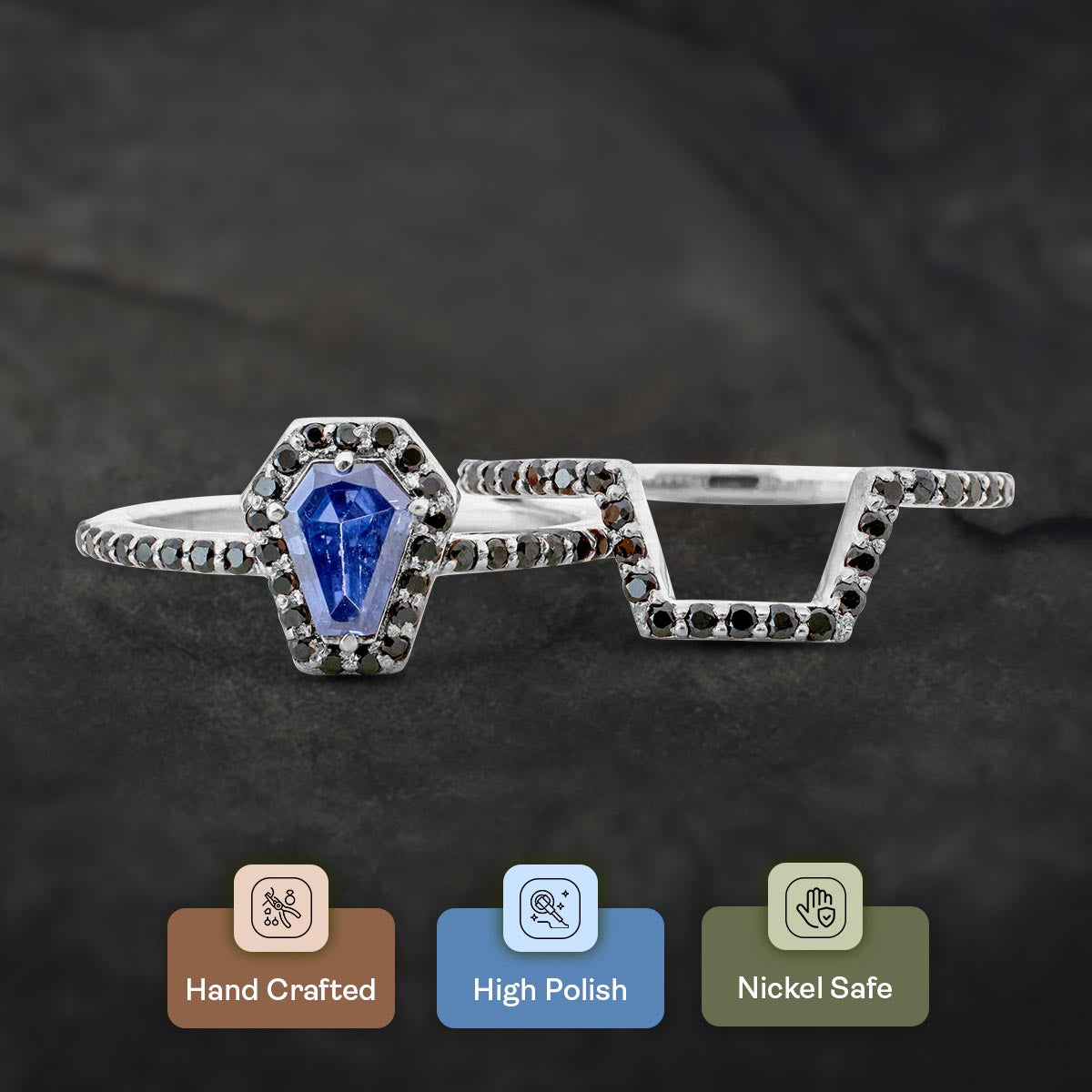 Halo Coffin Bridal Ring Set Blue Titanic Gemstone Engagement 14k Rose Gold