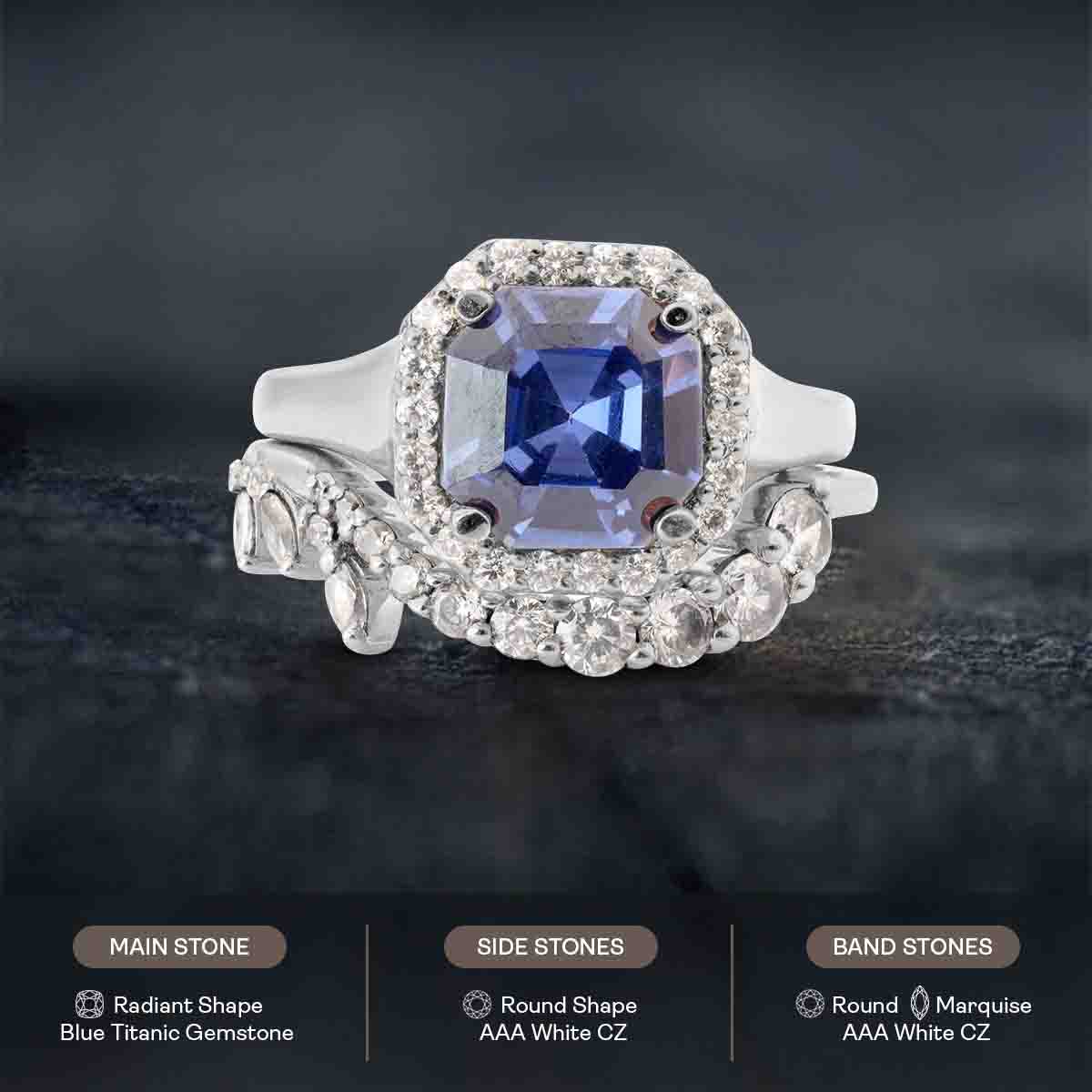 Heart of The Ocean - Blue Titanic Gemstone Halo Bridal Ring Set