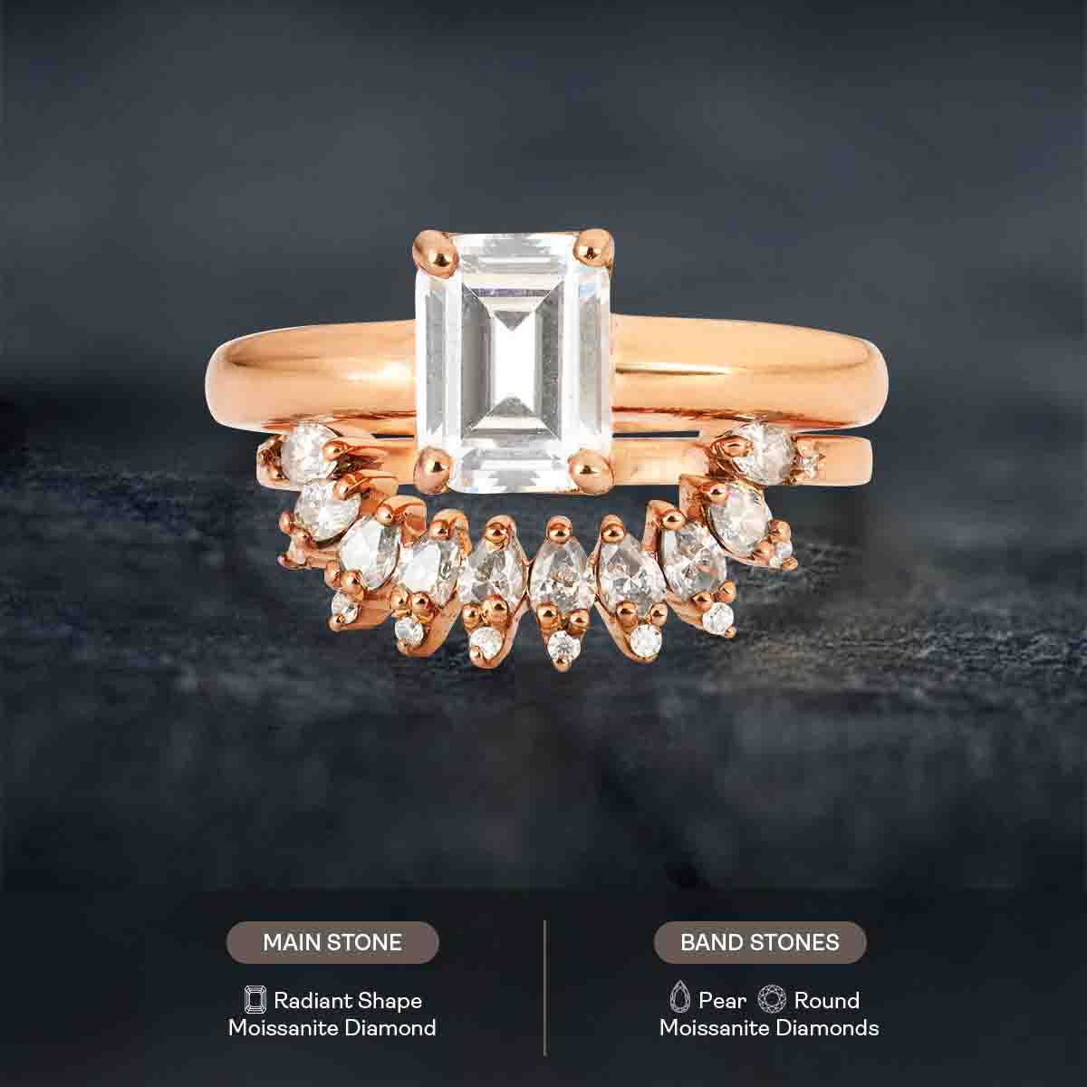 Radiant Moissanite Diamond Bridal Ring Set Solitaire Engagement Ring Set