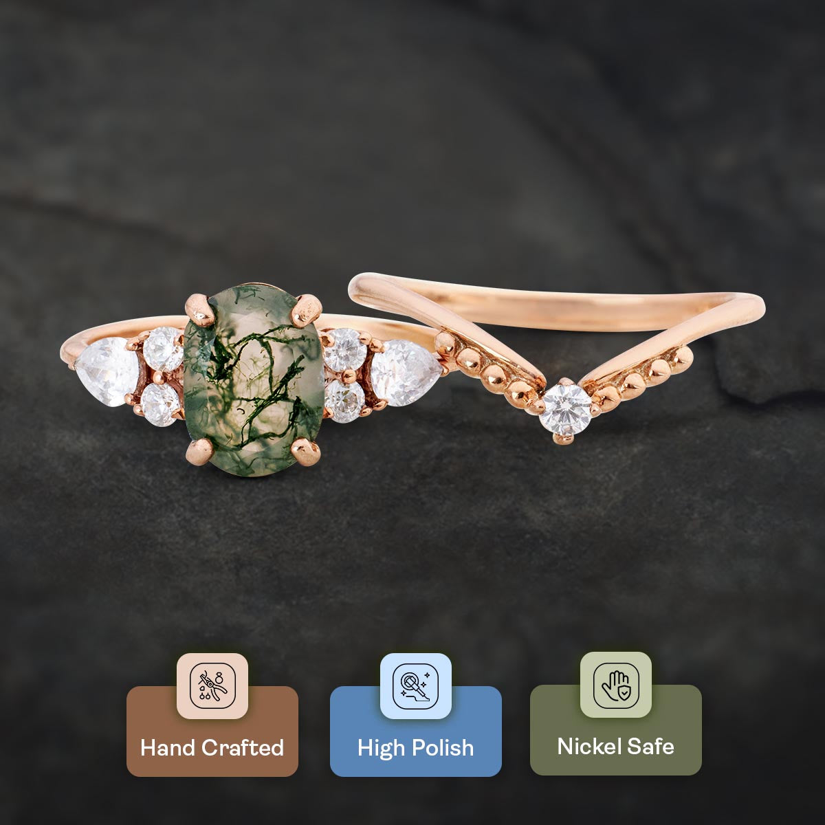 Oval Moss Agate Bridal Ring Set Aesthetic Nature Inspired Jewelry