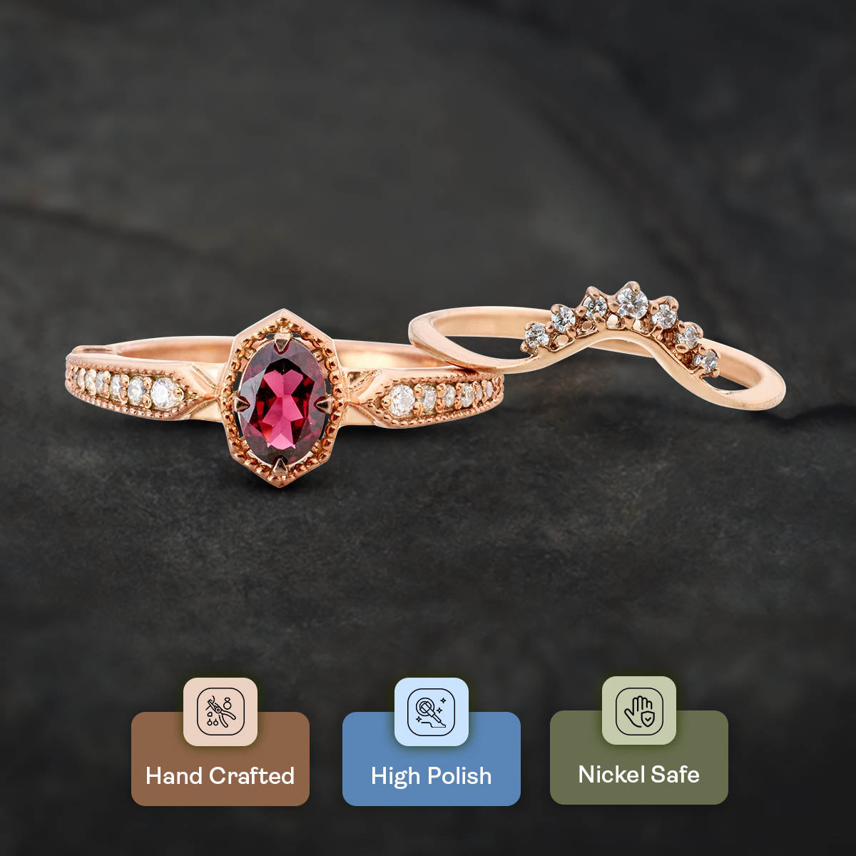 Rhodolite Engagement Ring Set Art Deco Vintage Bridal Rings rose Gold
