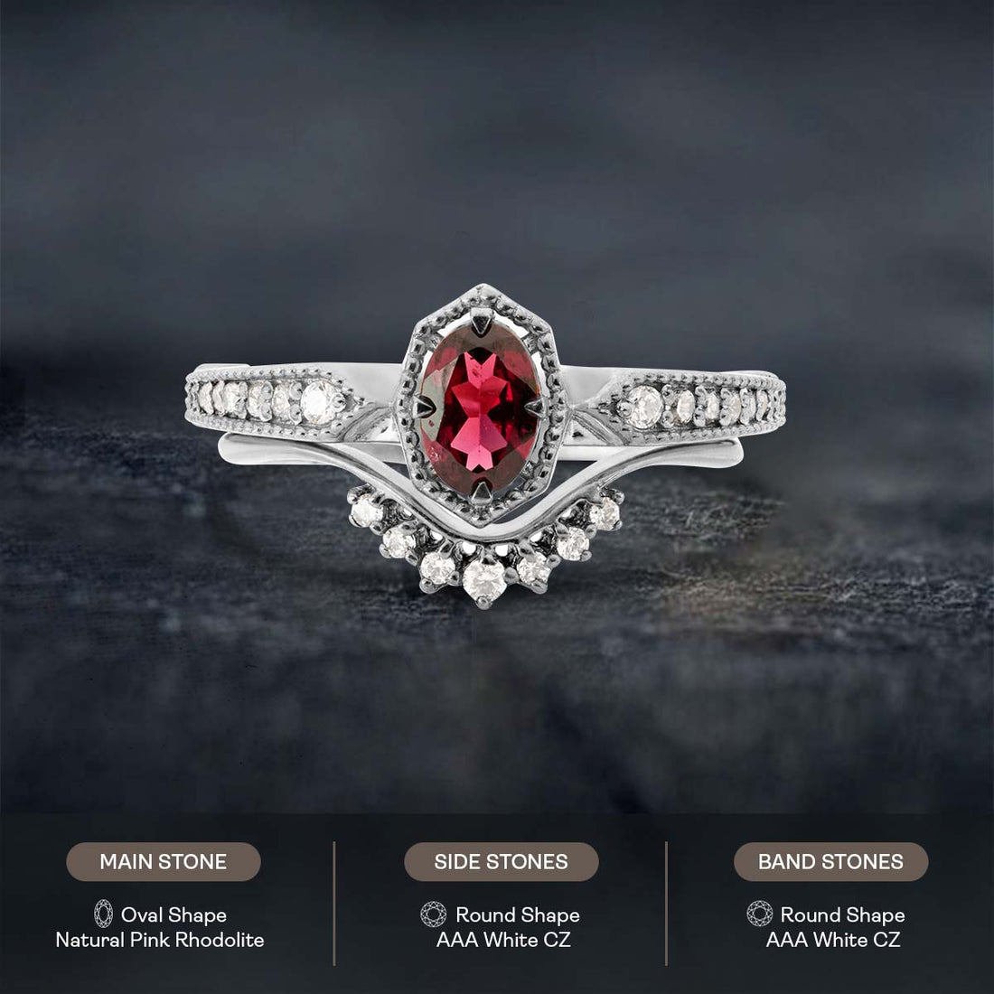 Rhodolite Engagement Ring Set Vintage Inspired Bridal Rings