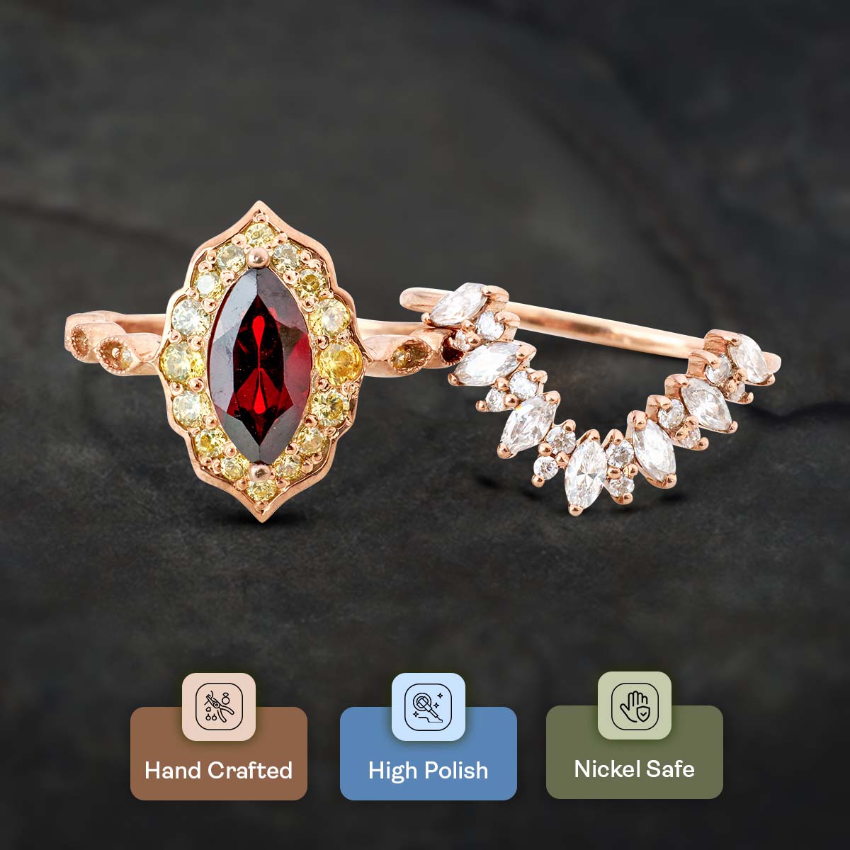 1920's Vintage Inspired Bridal Ring Set Marquise Cut Red Garnet