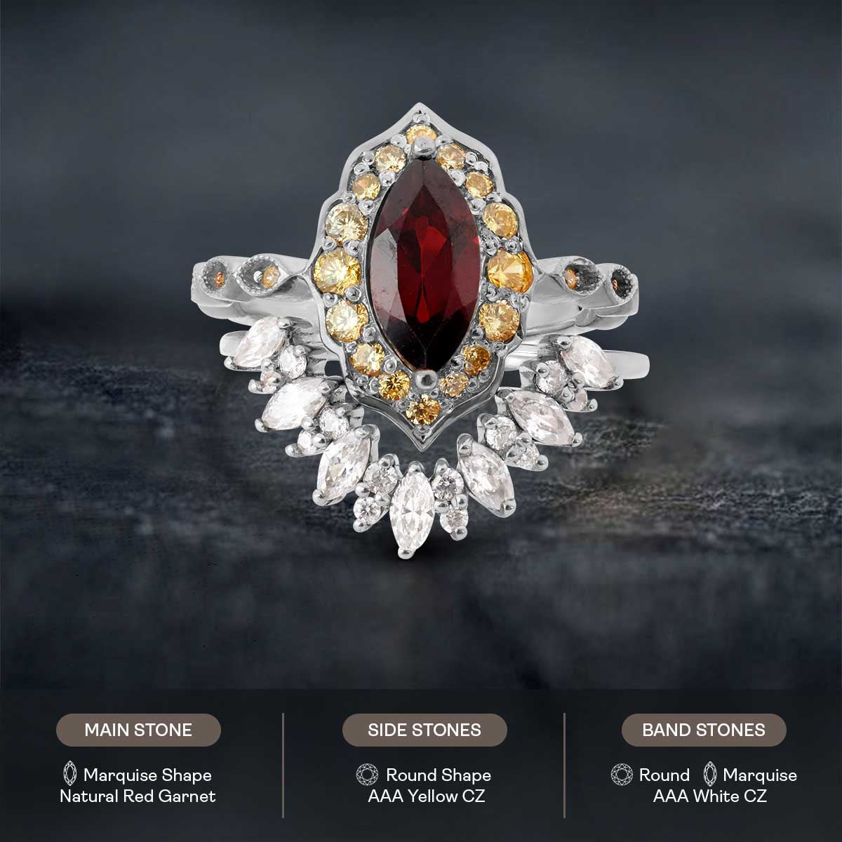 1920's Vintage Inspired Bridal Ring Set Marquise Cut Red Garnet