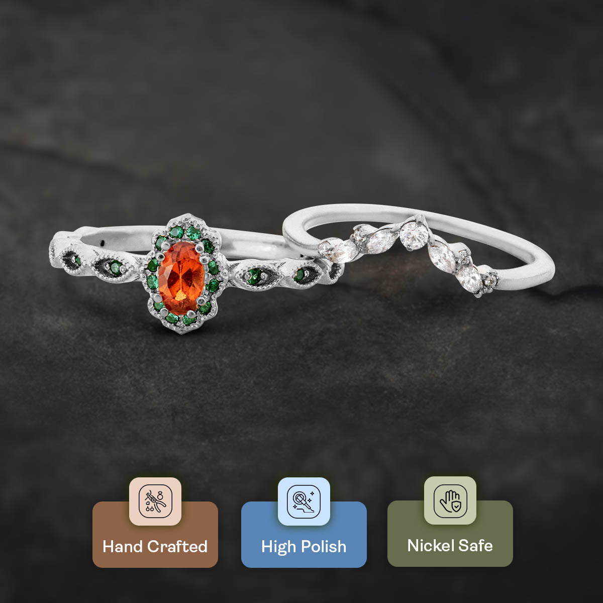 Hessonite Art Deco Engagement Ring Set Vintage Wedding Rings