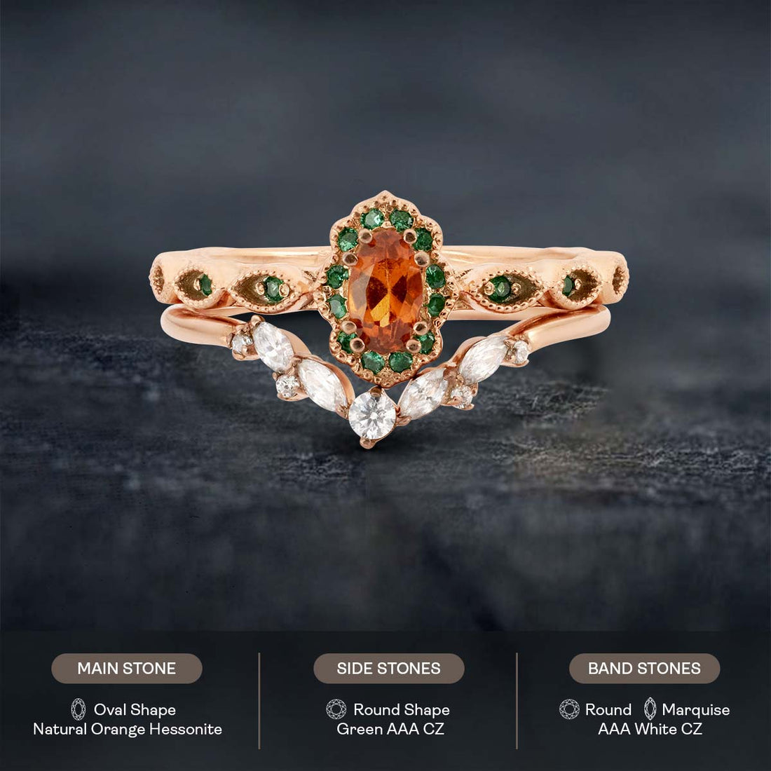 Hessonite Art Deco Engagement Ring Set Vintage Wedding Rings