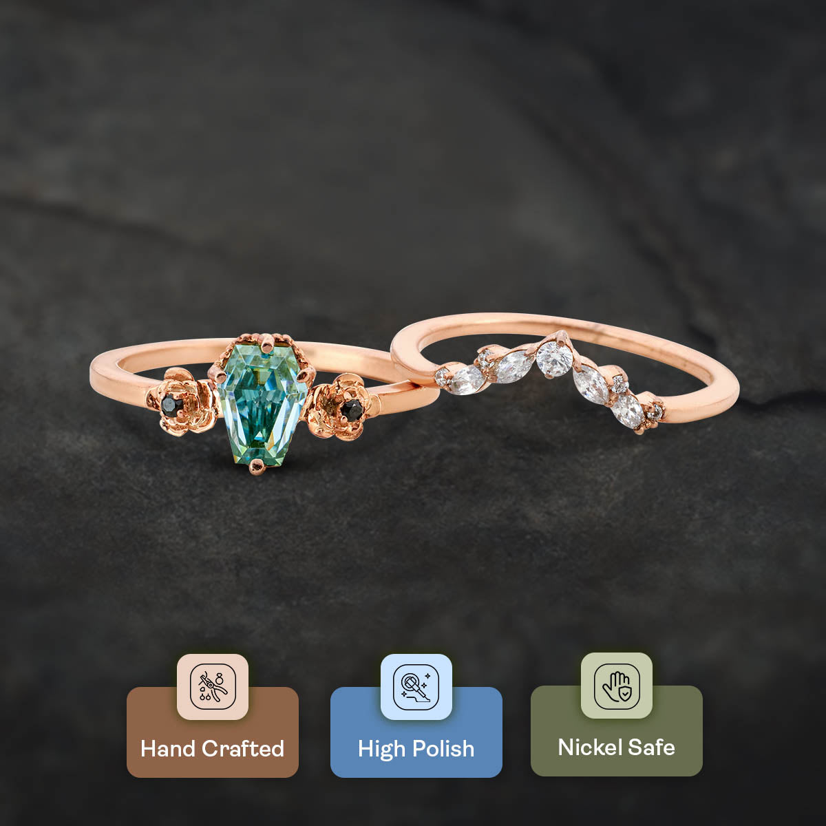 Colored Moissanite Coffin Engagement Ring Set 18k Rose Gold