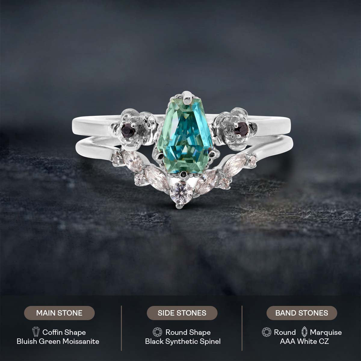 Colored Moissanite Coffin Engagement Ring Set 18k Rose Gold