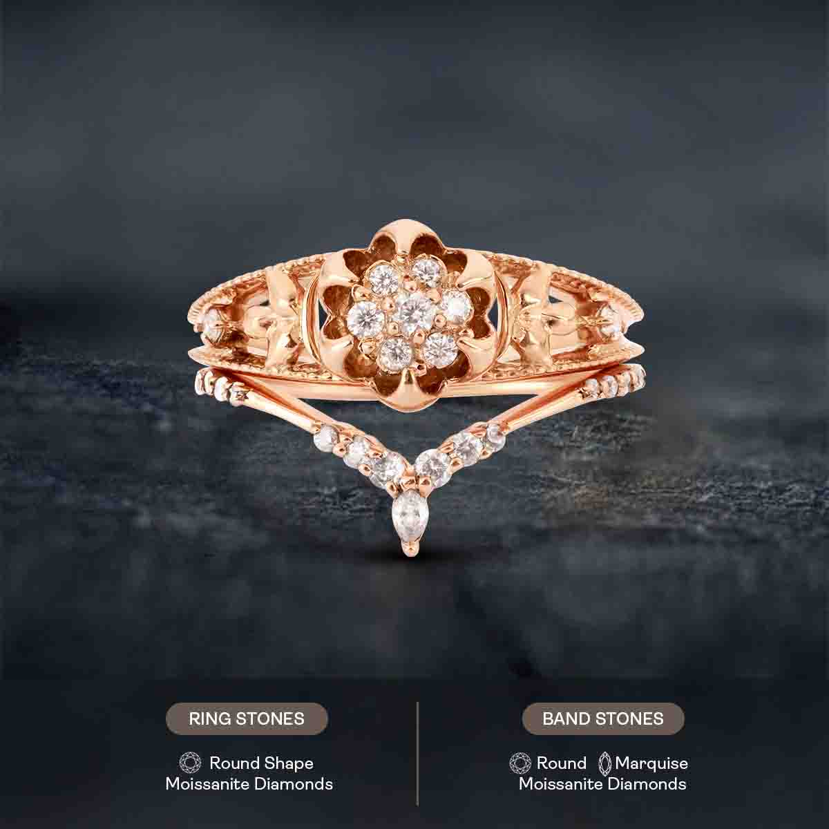 Blossom Flower Bridal Ring Set Moissanite Cluster Floral Art Deco