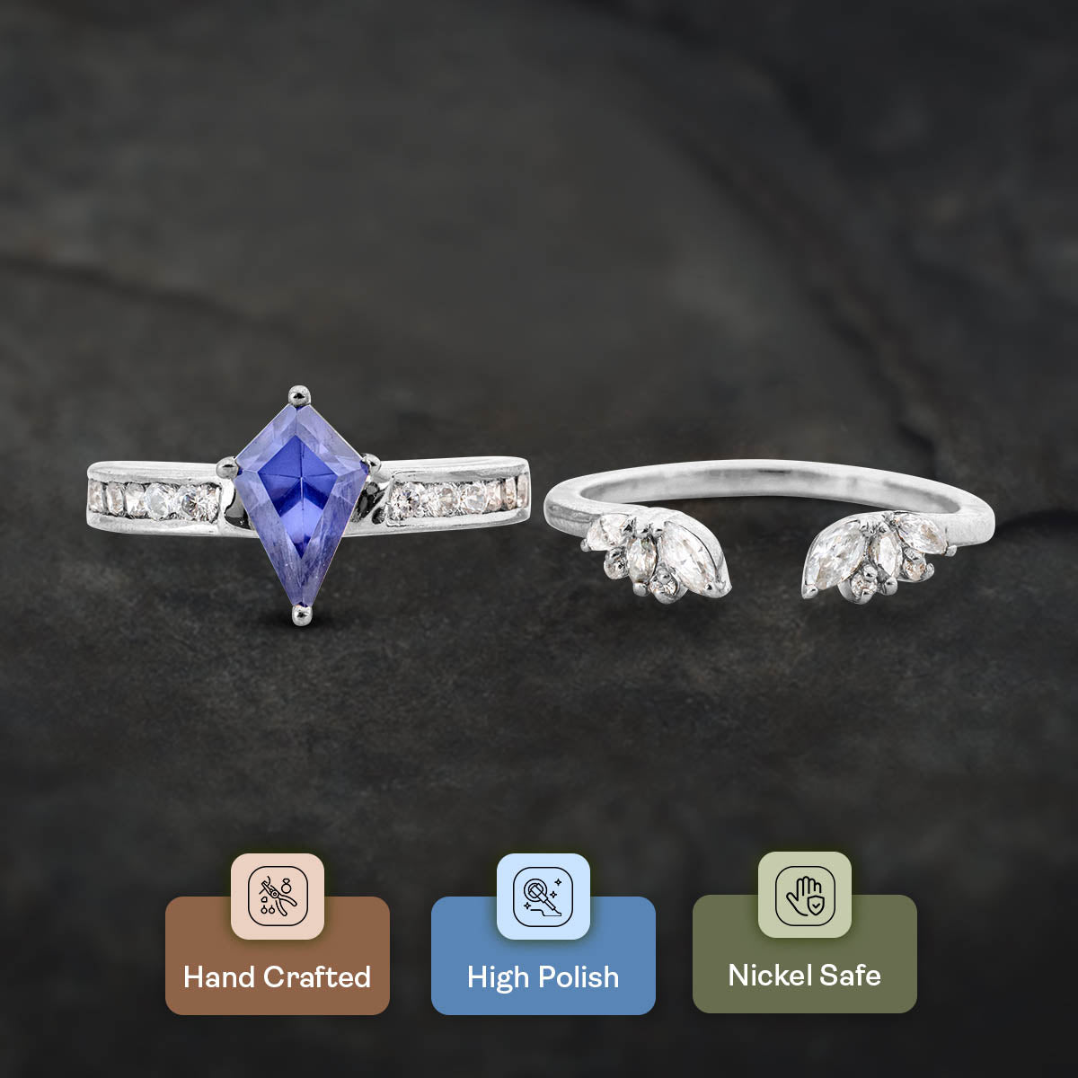 Blue Titanic Gemstone Kite Cut Ring Set Statement Bridal Rings