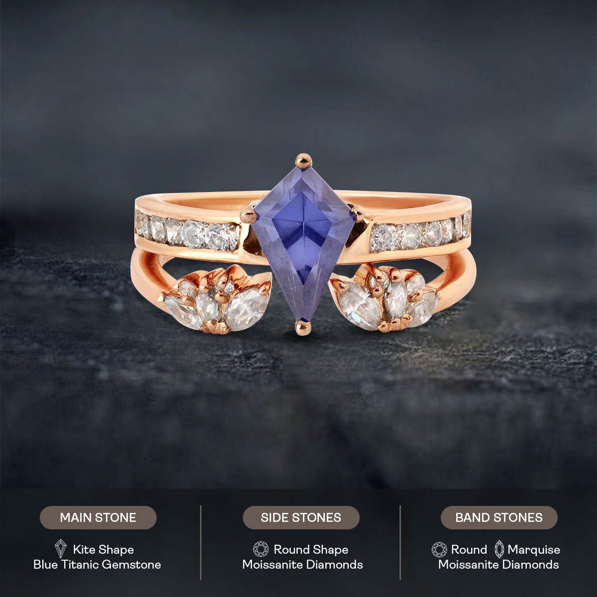 Blue Titanic Gemstone Kite Cut Ring Set Statement Bridal Rings