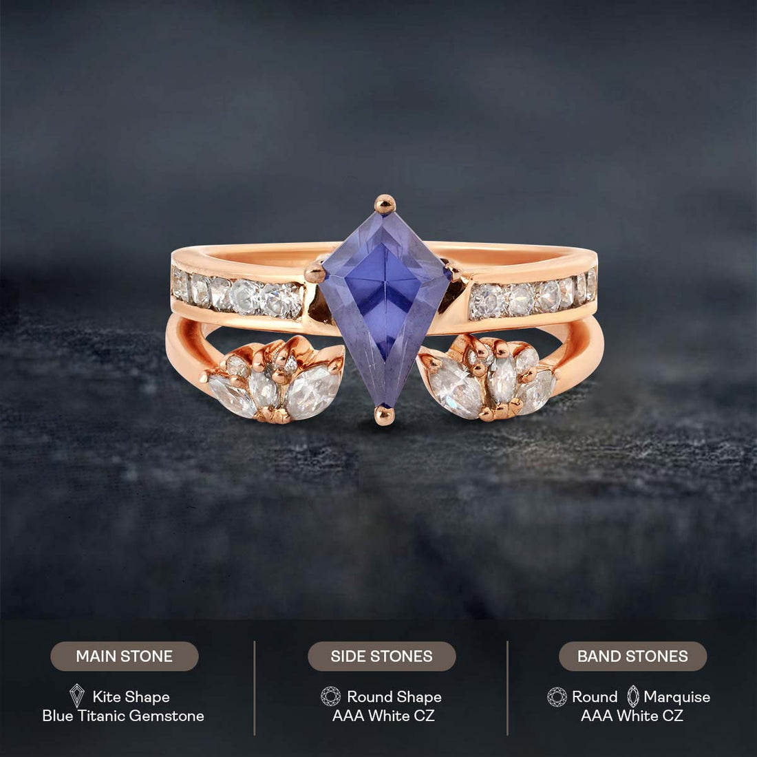 Blue Titanic Gemstone Kite Cut Ring Set Statement Bridal Rings