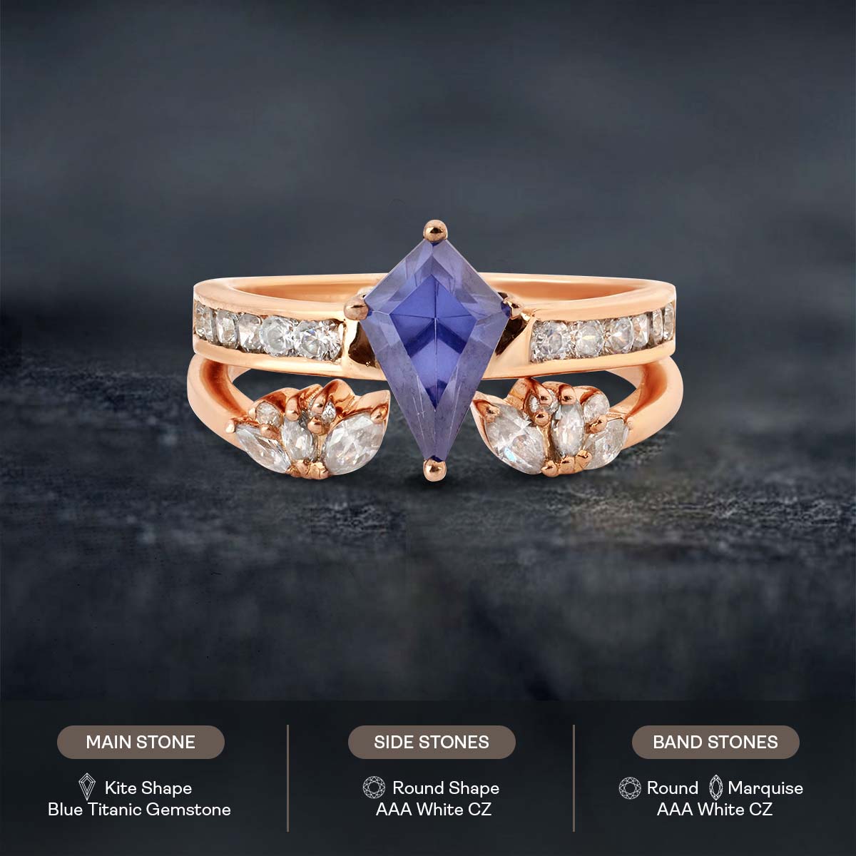 Blue Titanic Gemstone Kite Cut Ring Set Statement Bridal Rings