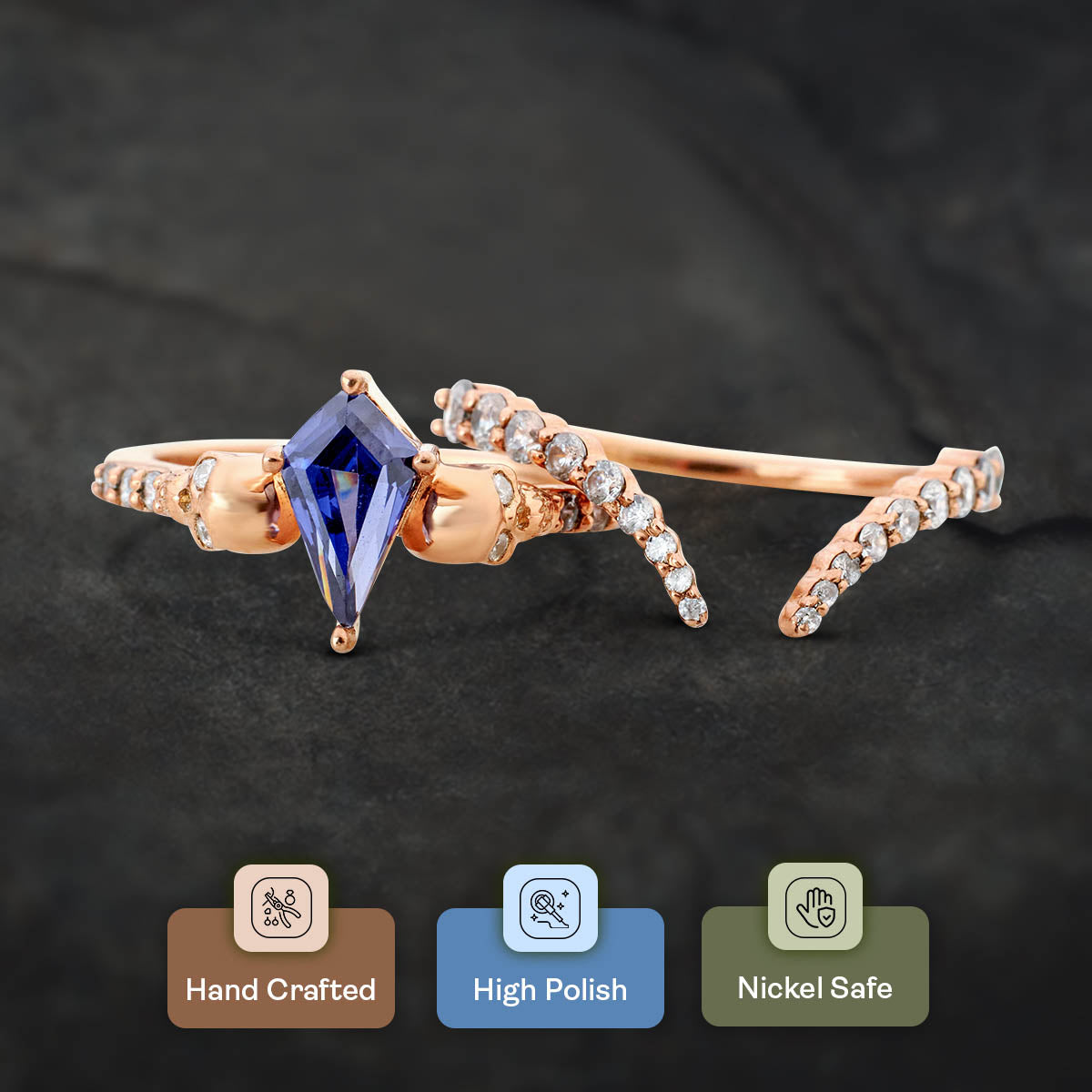 Kite Cut Blue Titanic Skull Ring Set Gothic Bridal Wedding Rings