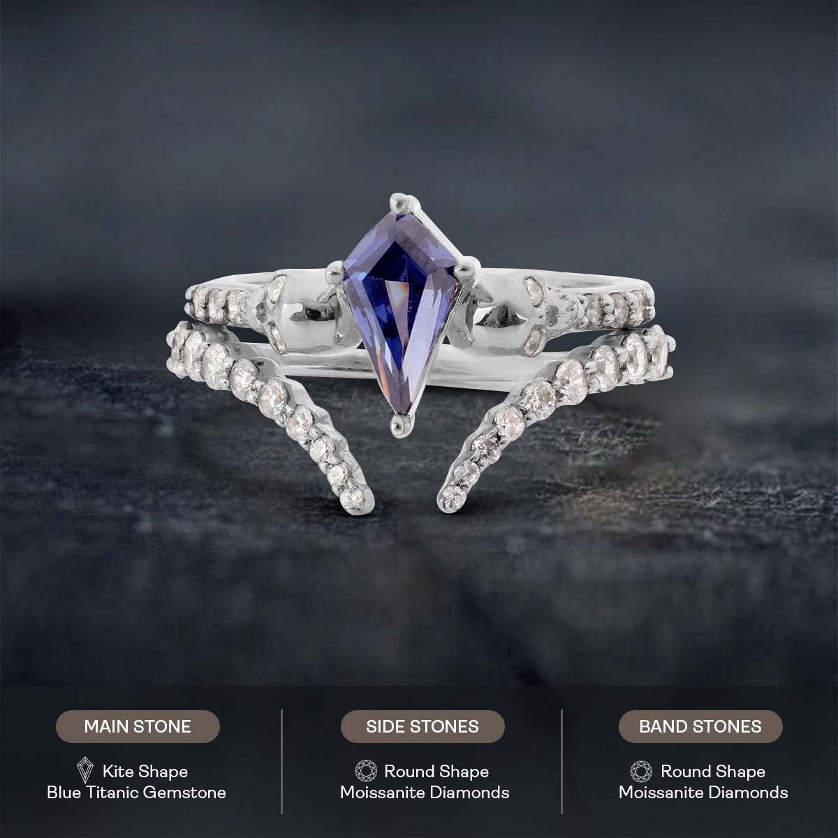 Gothic Wedding Ring Set Kite Cut Blue Titanic Skull Ring 14k Gold