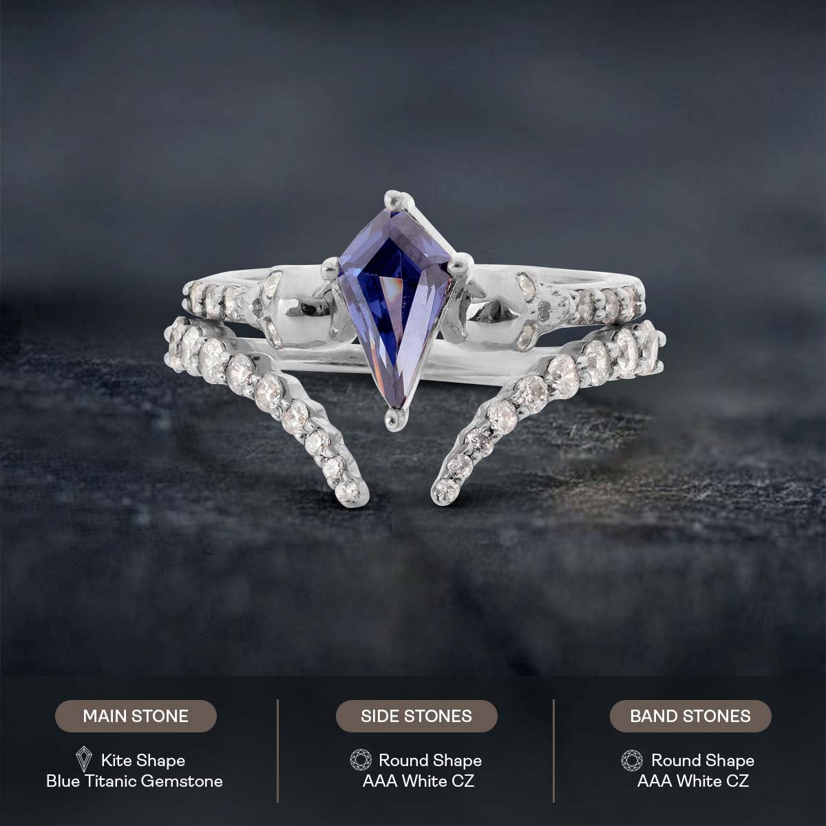Kite Cut Blue Titanic Skull Ring Set Gothic Bridal Wedding Rings