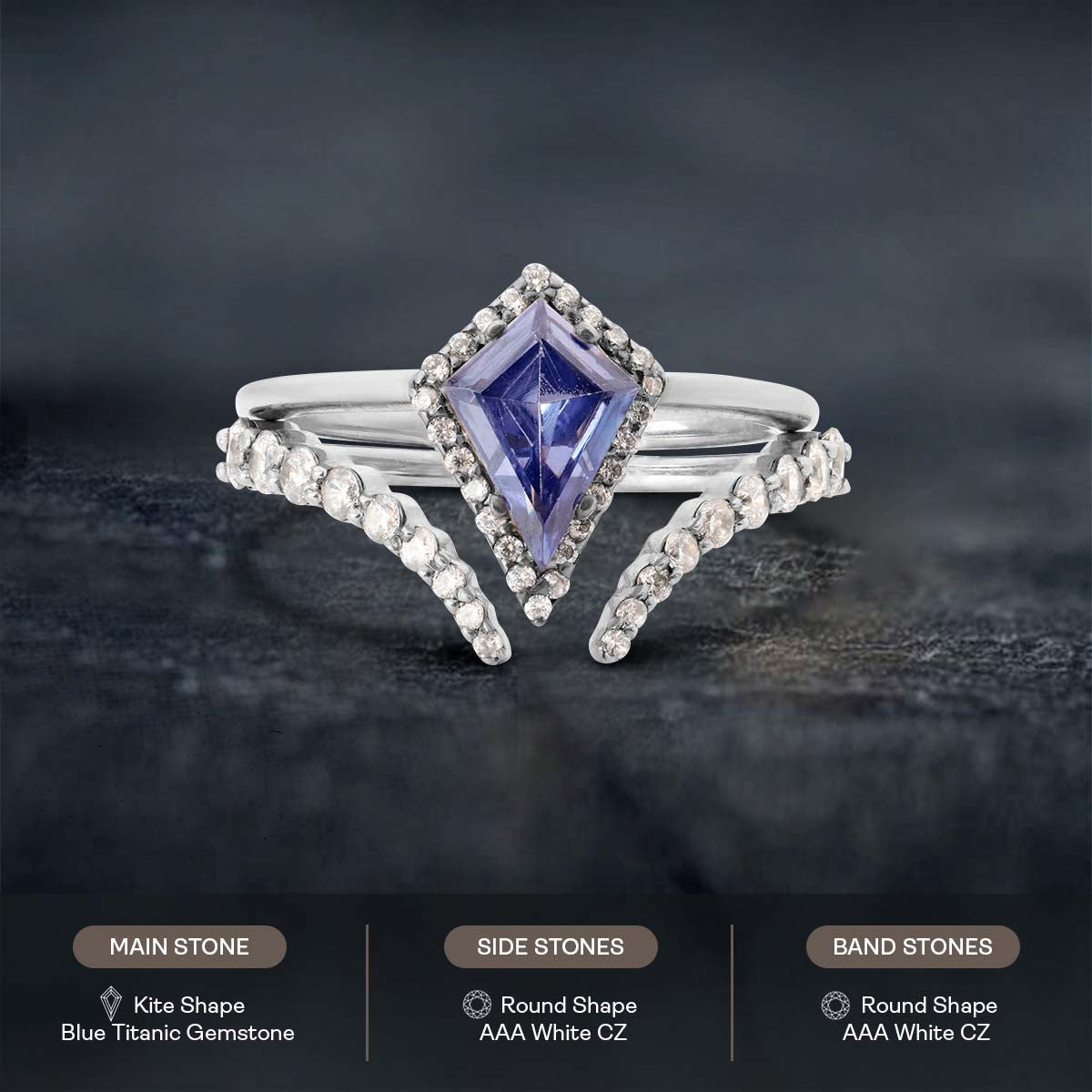 Kite Shaped Halo Engagement Ring Set Blue Titanic Gemstone