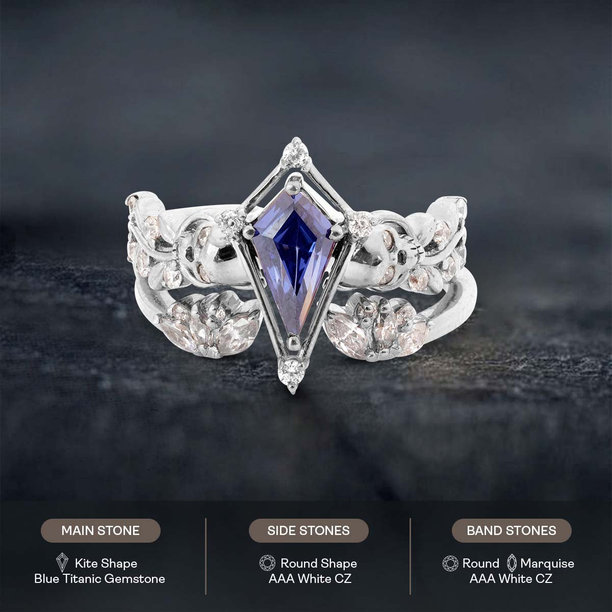 Floral Skull Ring Set Kite Cut Blue Titanic Gothic Engagement Ring