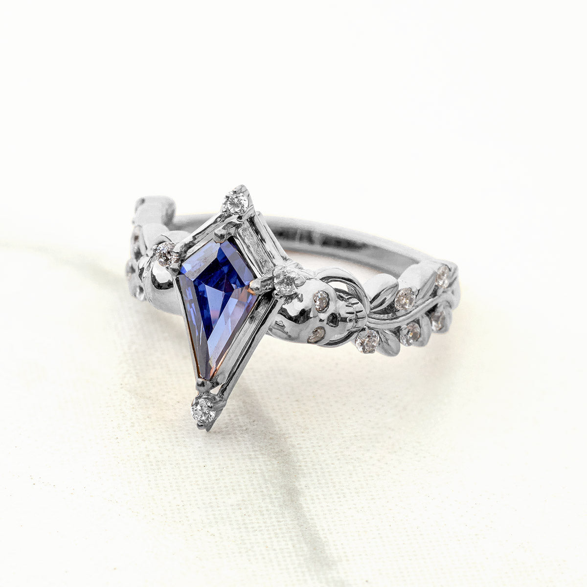 Floral Skull Engagement Rings Blue Titanic Gemstone Kite cut Ring