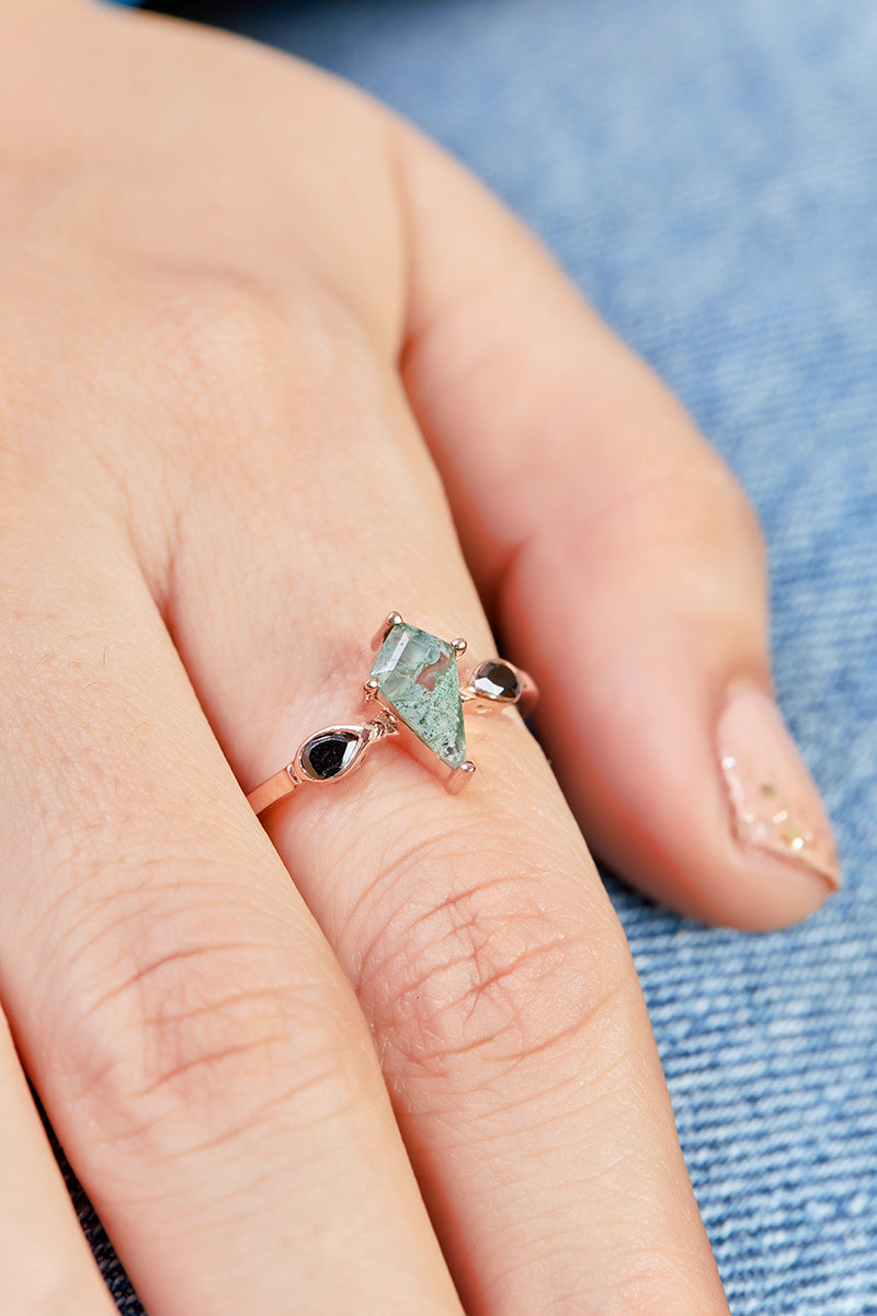 Kite Moss Agate Wedding Ring Set Rose Gold Engagement Rings