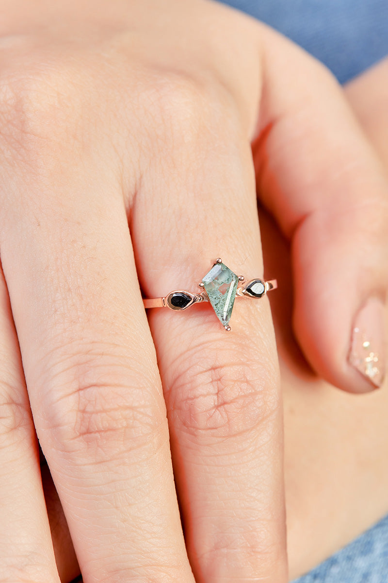 Kite Moss Agate Wedding Ring Set Rose Gold Engagement Rings