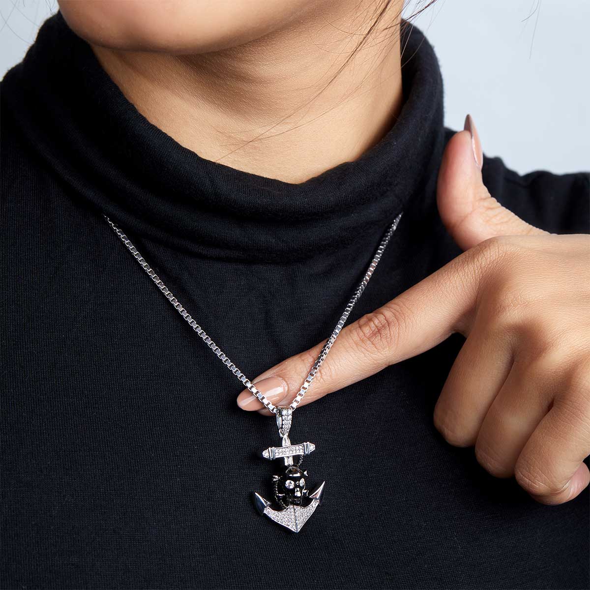 Skull and Anchor Necklace Two Tone Iced Out Gothic Jewelry Sterling Silver