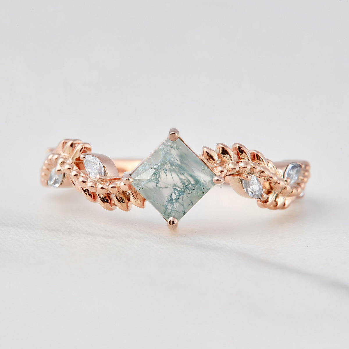 Leaf Vine Moss Agate Engagement Ring Set Floral Princess Cut