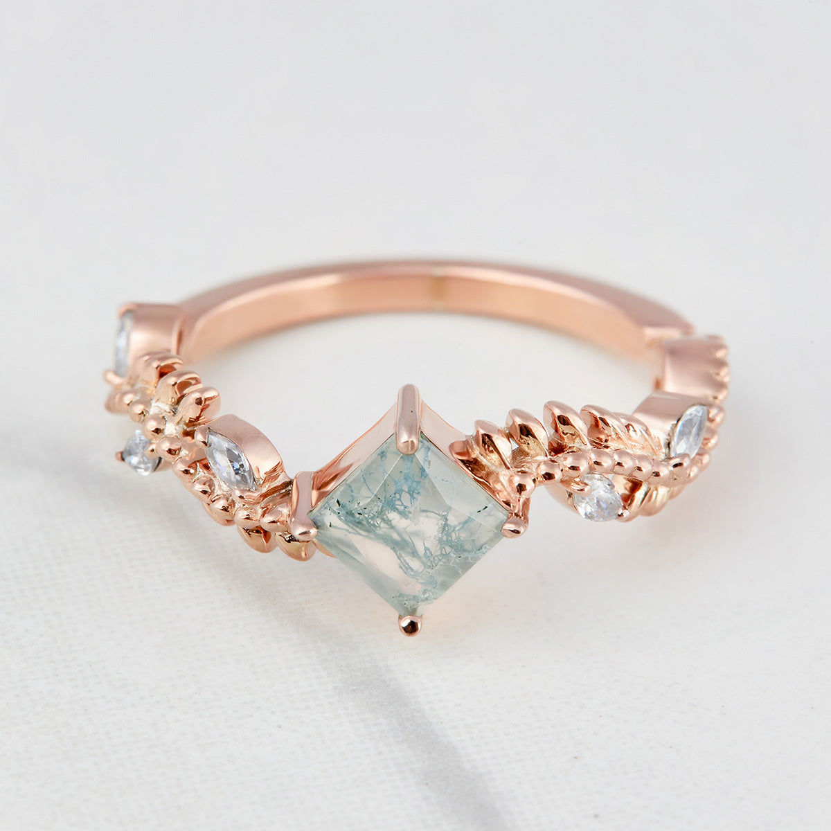 Moss Agate Leaf Vine Ring