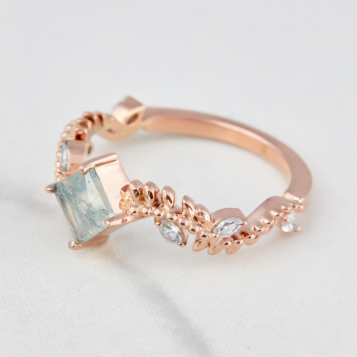 Leaf Vine Moss Agate Engagement Ring Set Floral Princess Cut