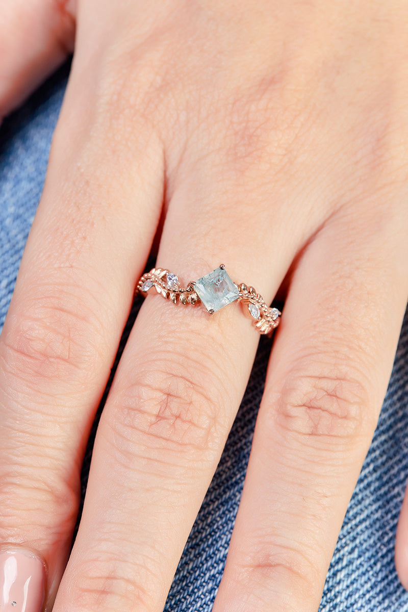 Leaf Vine Moss Agate Engagement Ring Set Floral Princess Cut