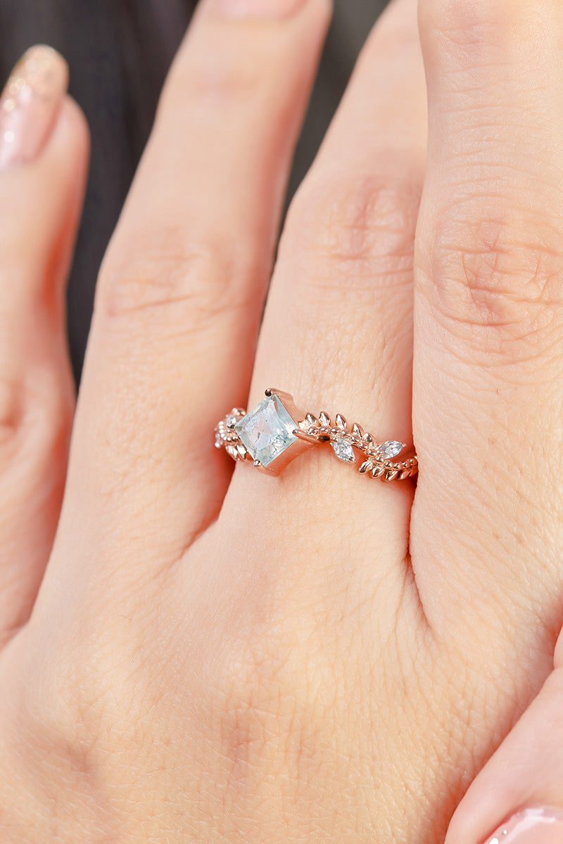 Leaf Vine Moss Agate Engagement Ring Set Floral Princess Cut