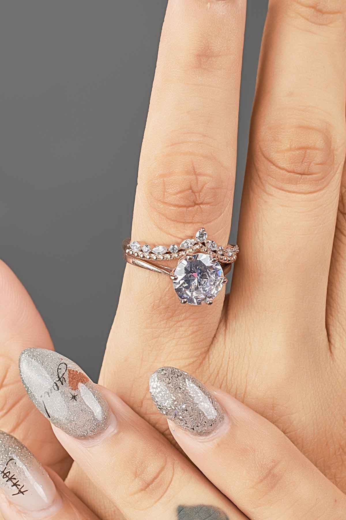 Curved Enhancer Wedding Band Milgrain Art Deco CZ Diamond Engagement Ring