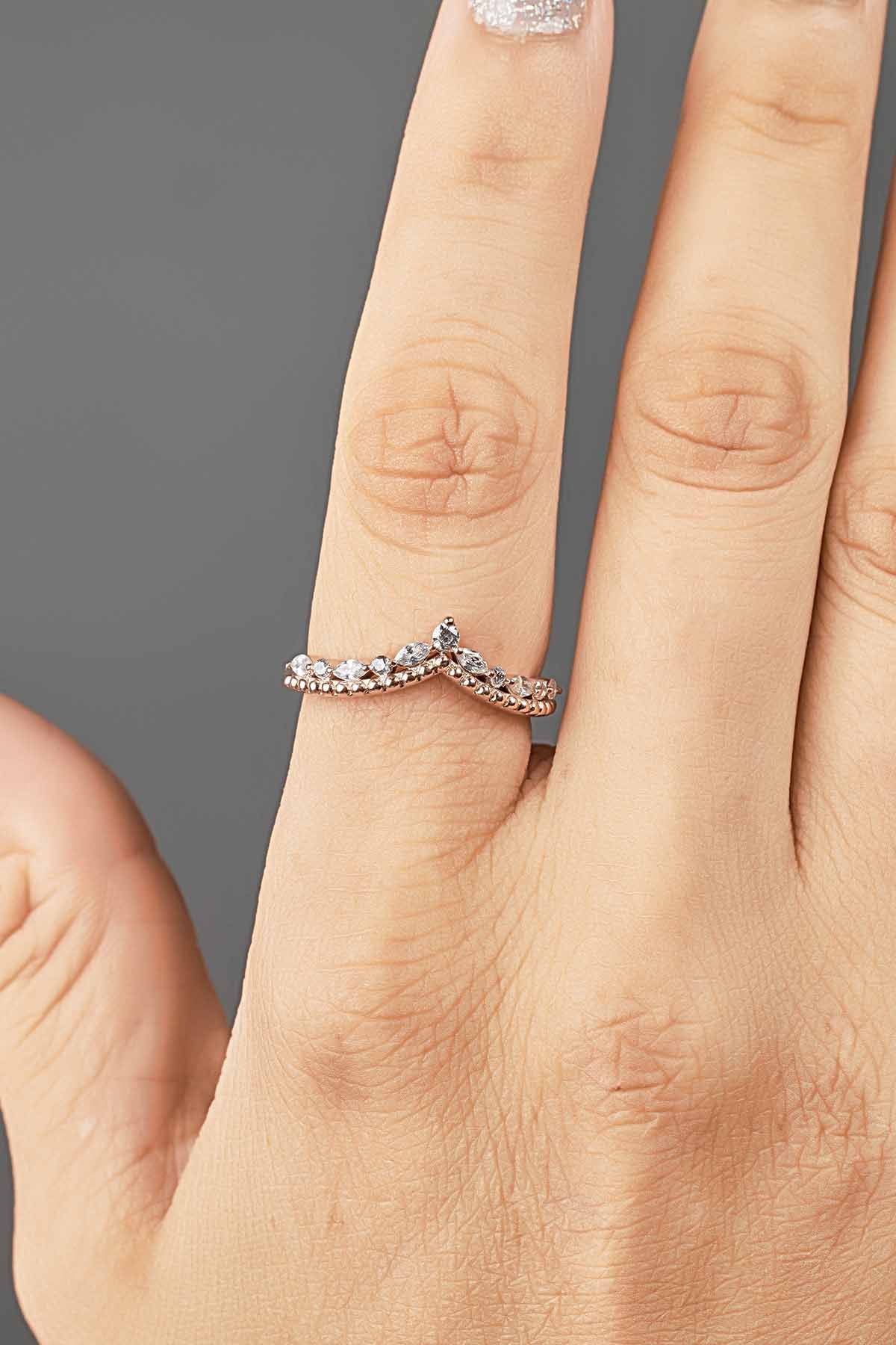 Curved Enhancer Wedding Band Milgrain Art Deco CZ Diamond Engagement Ring