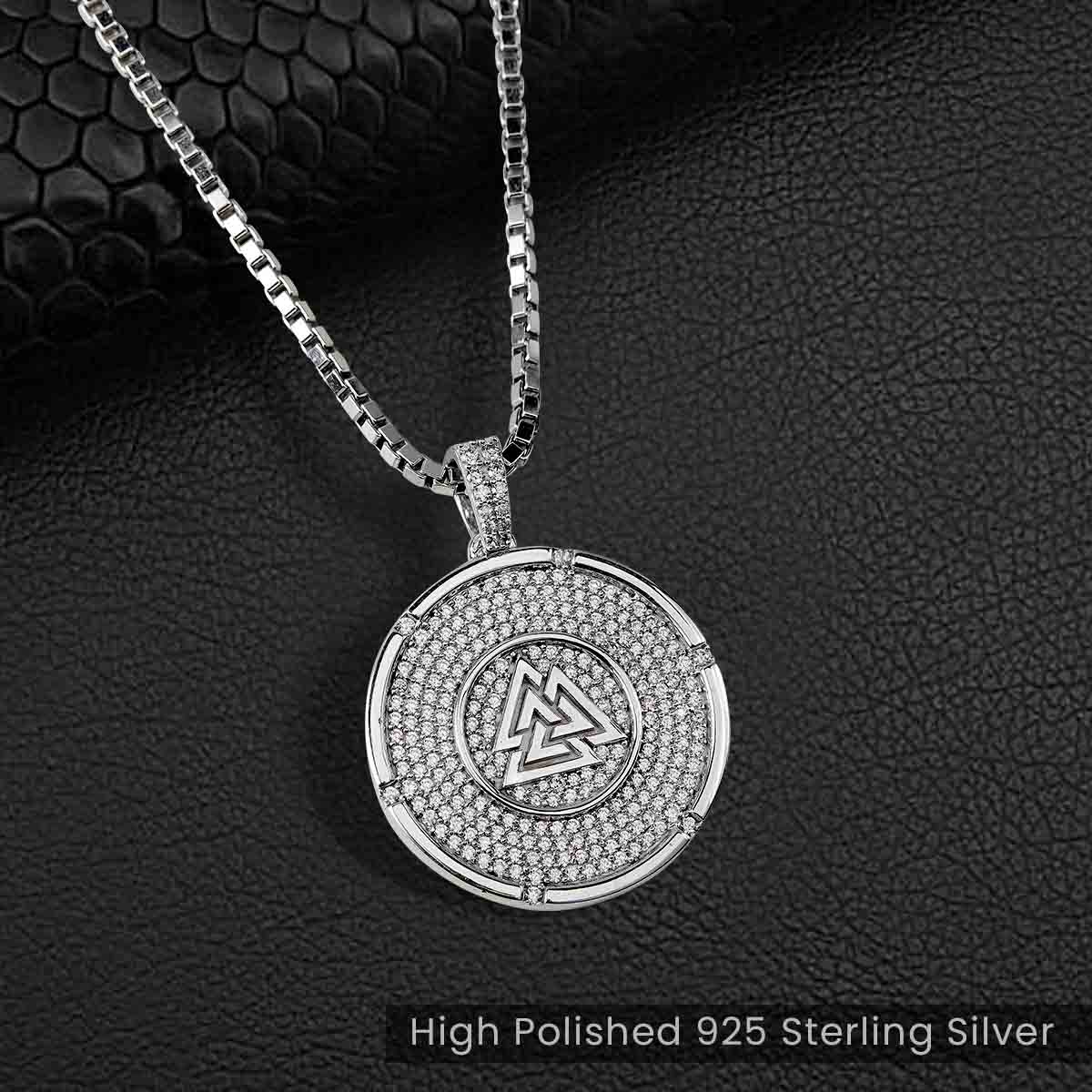 Iced Out Viking Valknut Necklace Norse Odin's Knot of the Slain Pendant Sterling Silver