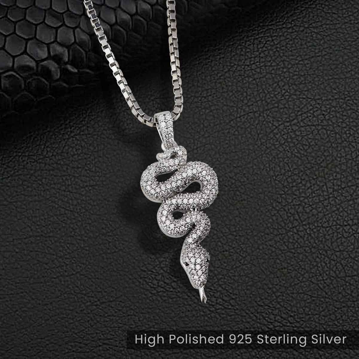 Iced Out Snake Pendant Necklace Diamond Serpent Sterling Silver Gothic Hip Hop Style