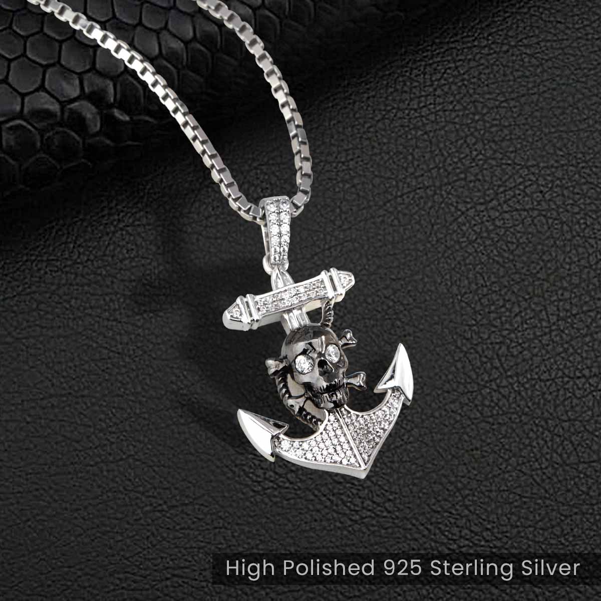 Skull and Anchor Necklace Two Tone Iced Out Gothic Jewelry Sterling Silver